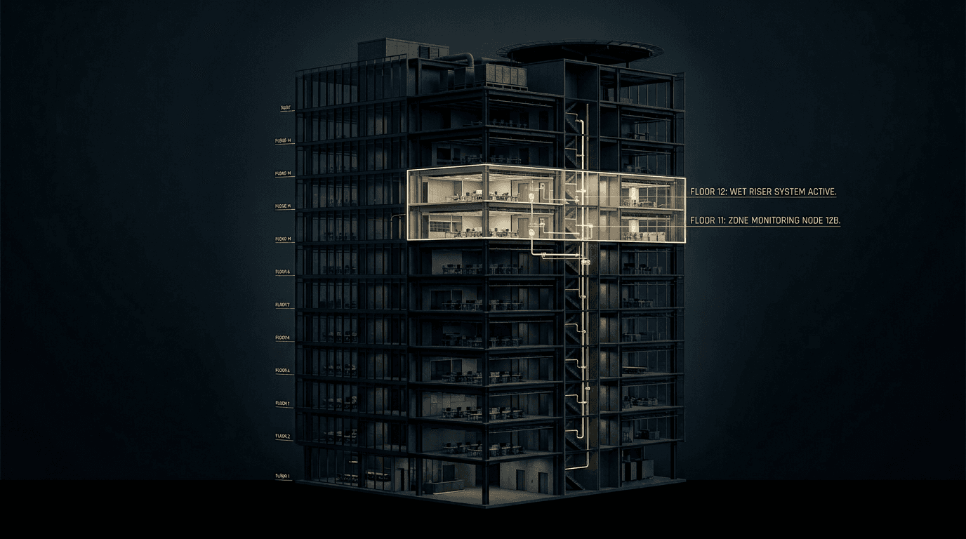 Cross-section of a building with the wet riser zone on floor 12 highlighted.