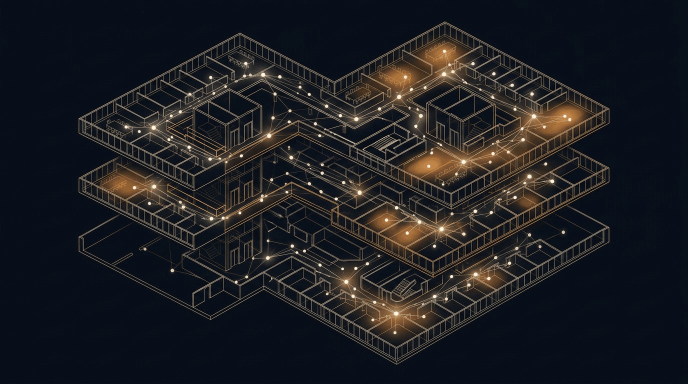 Isometric building data network with sensor nodes and connecting paths.